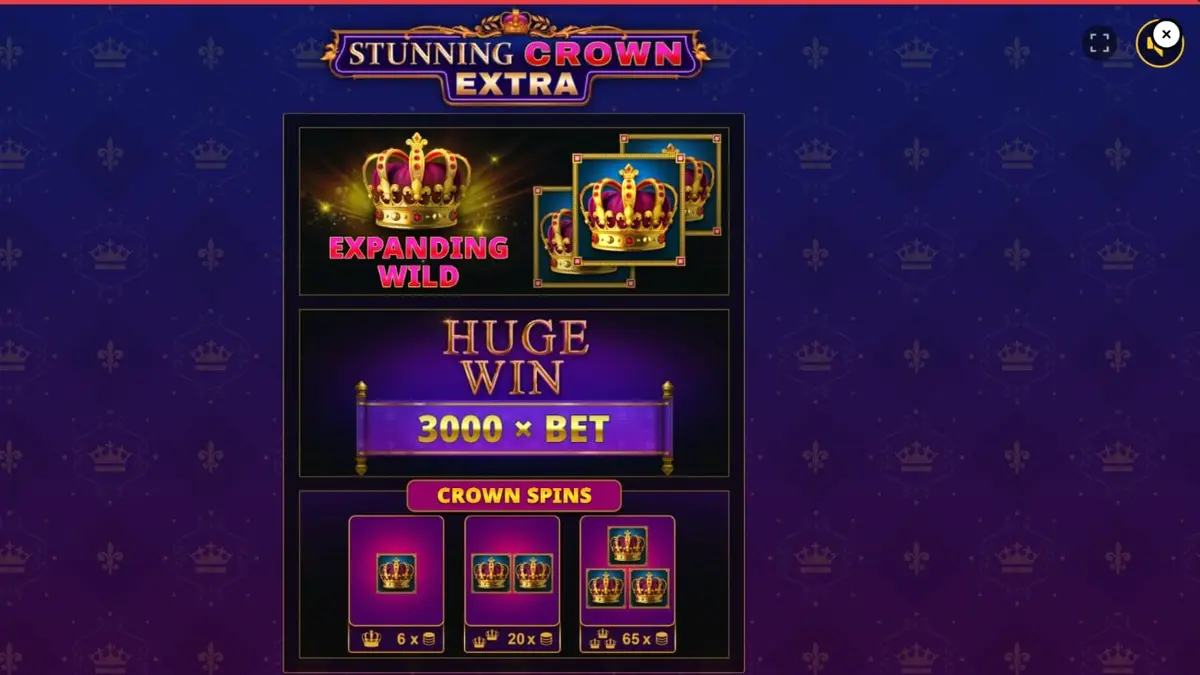 Tampilan visual slot Stunning Crown Extra dengan simbol mahkota dan buah-buahan mewah