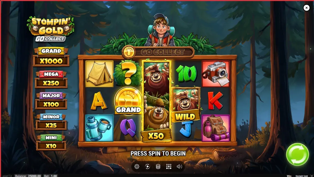 Pemandangan hutan dalam slot Stompin’ Gold GO Collect dengan karakter yeti Biggie dan Boogie.